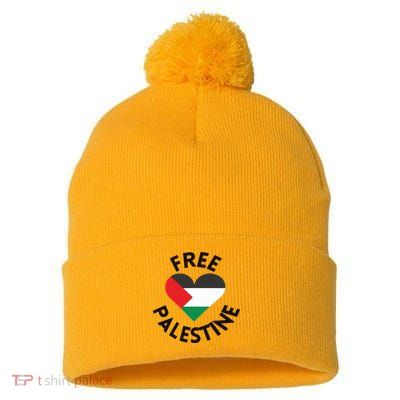 Free Palestine Heart Support Palestine Pom Pom 12in Knit Beanie