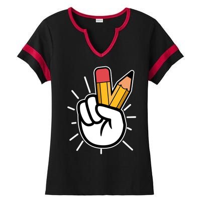 Funny Peace Hand With Pencil Fingers Ladies Halftime Notch Neck Tee