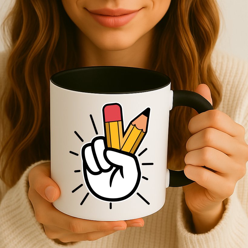 Funny Peace Hand With Pencil Fingers Mug