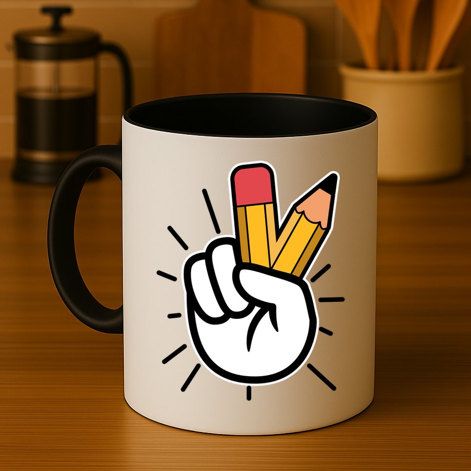 Funny Peace Hand With Pencil Fingers Mug