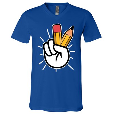 Funny Peace Hand With Pencil Fingers V-Neck T-Shirt