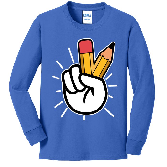 Funny Peace Hand With Pencil Fingers Kids Long Sleeve Shirt