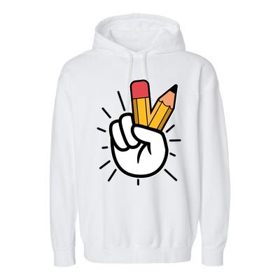 Funny Peace Hand With Pencil Fingers Garment-Dyed Fleece Hoodie