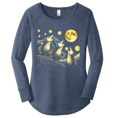 Funny Possums Howling at Full Moon Starry Night Opossum  Women's Perfect Tri Tunic Long Sleeve Shirt