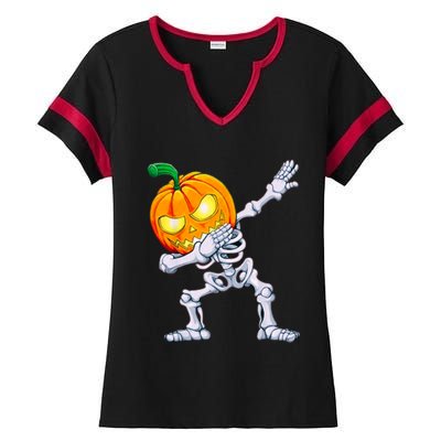 Funny Pumpkin Head Skeleton Dabbing Halloween Gift Ladies Halftime Notch Neck Tee