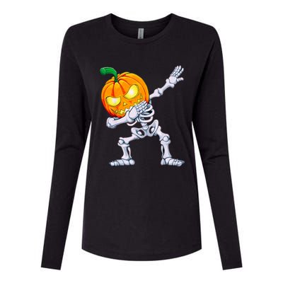 Funny Pumpkin Head Skeleton Dabbing Halloween Gift Womens Cotton Relaxed Long Sleeve T-Shirt