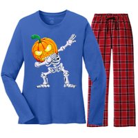 Funny Pumpkin Head Skeleton Dabbing Halloween Gift Women's Long Sleeve Flannel Pajama Set 