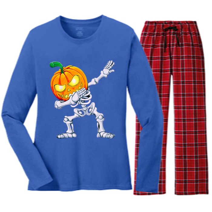 Funny Pumpkin Head Skeleton Dabbing Halloween Gift Women's Long Sleeve Flannel Pajama Set 