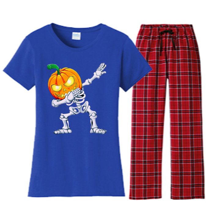 Funny Pumpkin Head Skeleton Dabbing Halloween Gift Women's Flannel Pajama Set