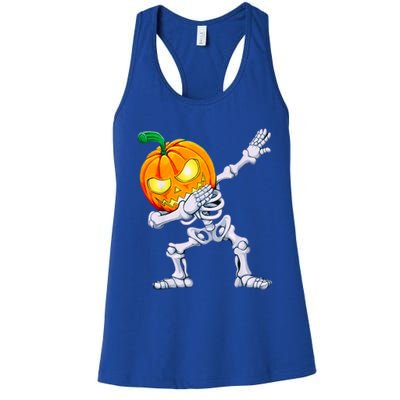 Funny Pumpkin Head Skeleton Dabbing Halloween Gift Women's Racerback Tank