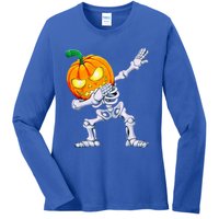 Funny Pumpkin Head Skeleton Dabbing Halloween Gift Ladies Long Sleeve Shirt