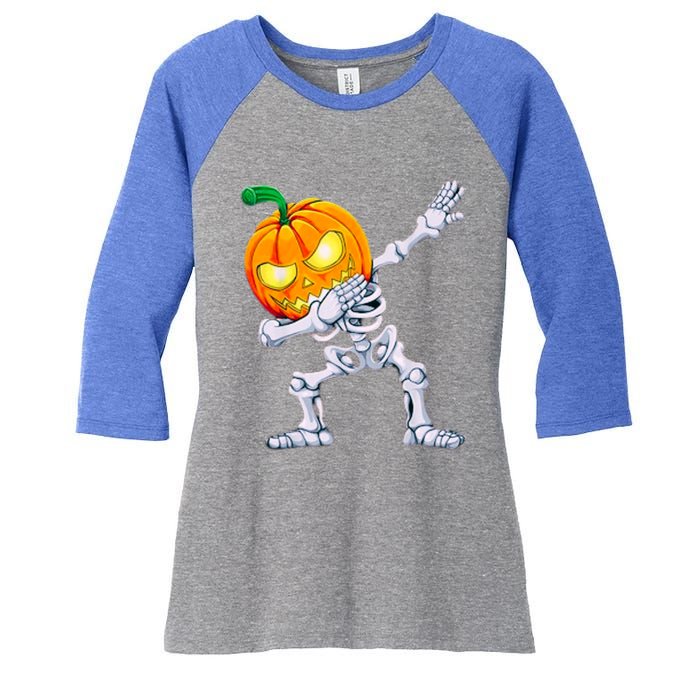 Funny Pumpkin Head Skeleton Dabbing Halloween Gift Women's Tri-Blend 3/4-Sleeve Raglan Shirt