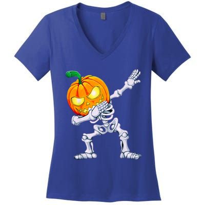 Funny Pumpkin Head Skeleton Dabbing Halloween Gift Women's V-Neck T-Shirt