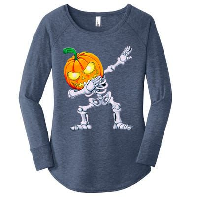 Funny Pumpkin Head Skeleton Dabbing Halloween Gift Women's Perfect Tri Tunic Long Sleeve Shirt