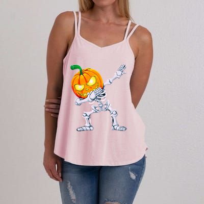 Funny Pumpkin Head Skeleton Dabbing Halloween Gift Women's Strappy Tank