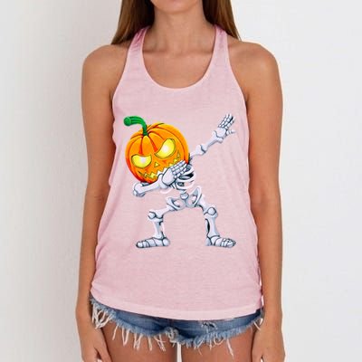 Funny Pumpkin Head Skeleton Dabbing Halloween Gift Women's Knotted Racerback Tank