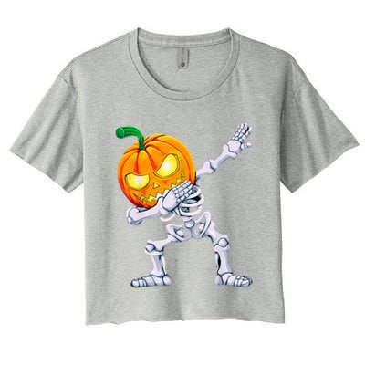 Funny Pumpkin Head Skeleton Dabbing Halloween Gift Women's Crop Top Tee