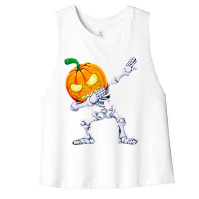 Funny Pumpkin Head Skeleton Dabbing Halloween Gift Women's Racerback Cropped Tank