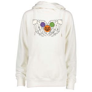 Funny Pickleball Halloween Skeleton Hands Love Heart Pumpkin Funny Gift Womens Funnel Neck Pullover Hood