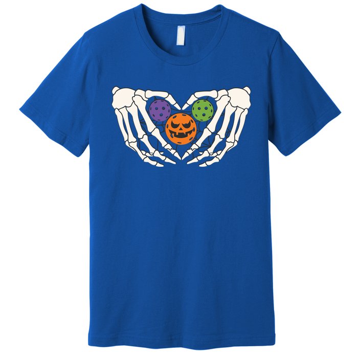 Funny Pickleball Halloween Skeleton Hands Love Heart Pumpkin Funny Gift Premium T-Shirt