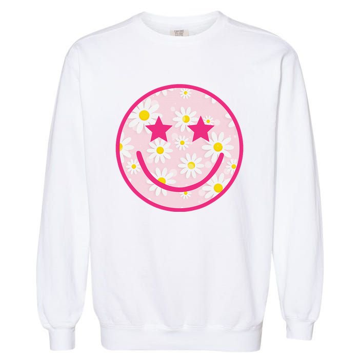 Funny Pink Happy Face Daisy Flower Smile Face Trendy Garment-Dyed Sweatshirt