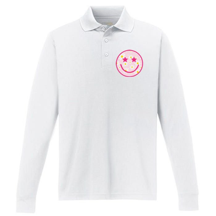 Funny Pink Happy Face Daisy Flower Smile Face Trendy Performance Long Sleeve Polo