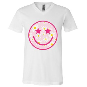 Funny Pink Happy Face Daisy Flower Smile Face Trendy V-Neck T-Shirt