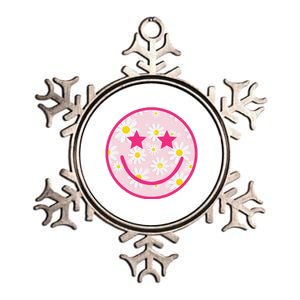 Funny Pink Happy Face Daisy Flower Smile Face Trendy Metallic Star Ornament