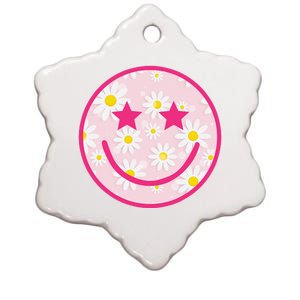 Funny Pink Happy Face Daisy Flower Smile Face Trendy Ceramic Star Ornament