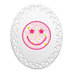 Funny Pink Happy Face Daisy Flower Smile Face Trendy Ceramic Oval Ornament