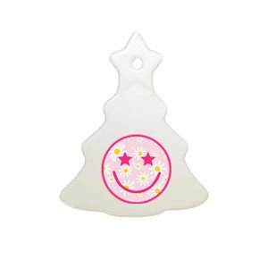 Funny Pink Happy Face Daisy Flower Smile Face Trendy Ceramic Tree Ornament