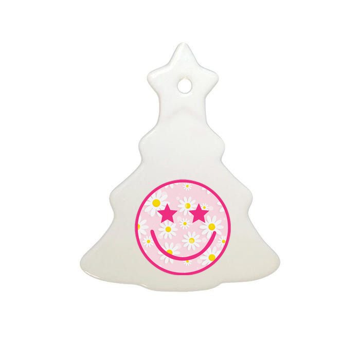 Funny Pink Happy Face Daisy Flower Smile Face Trendy Ceramic Tree Ornament