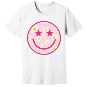 Funny Pink Happy Face Daisy Flower Smile Face Trendy Premium T-Shirt