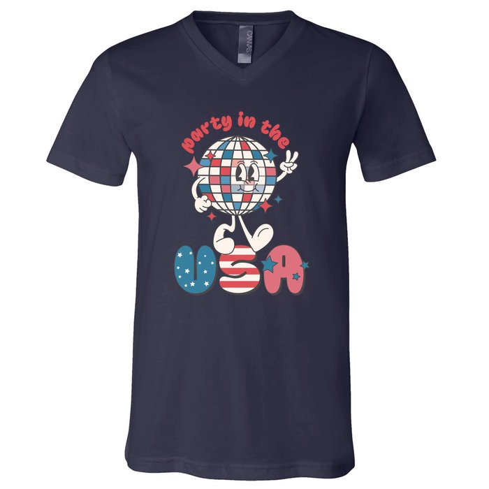 Funny Party In The US July 4th USA Patriotic Groovy Disco Gift V-Neck T-Shirt