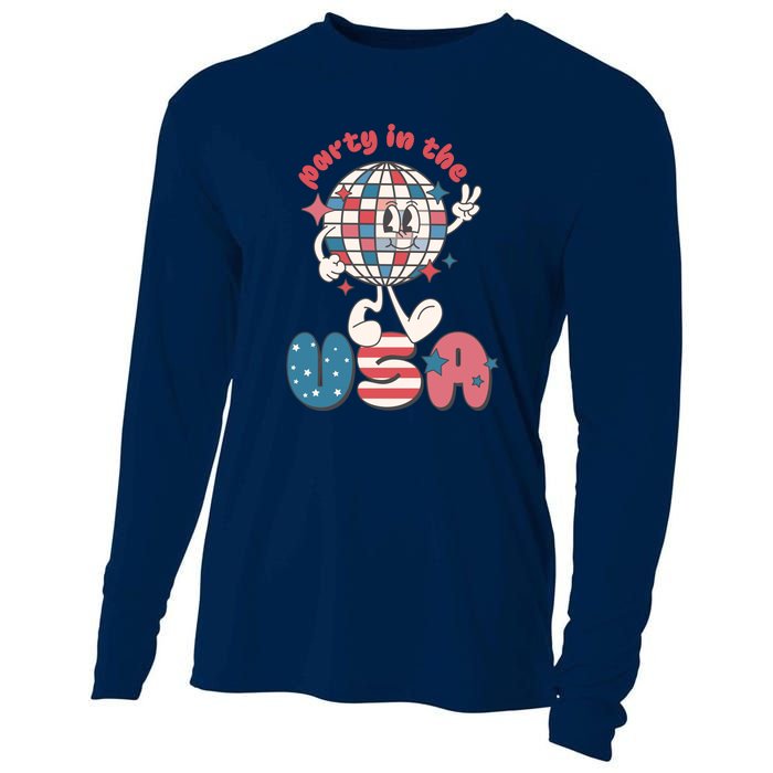 Funny Party In The US July 4th USA Patriotic Groovy Disco Gift Cooling Performance Long Sleeve Crew