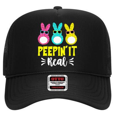 Funny Peepin It Real Happy Easter Bunny Egg Hunt High Crown Mesh Back Trucker Hat