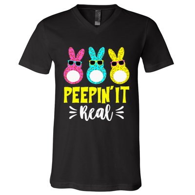 Funny Peepin It Real Happy Easter Bunny Egg Hunt V-Neck T-Shirt