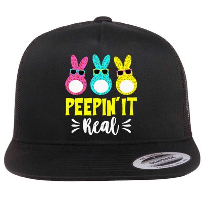 Funny Peepin It Real Happy Easter Bunny Egg Hunt Flat Bill Trucker Hat