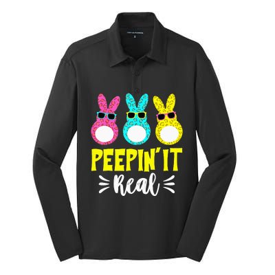 Funny Peepin It Real Happy Easter Bunny Egg Hunt Silk Touch Performance Long Sleeve Polo