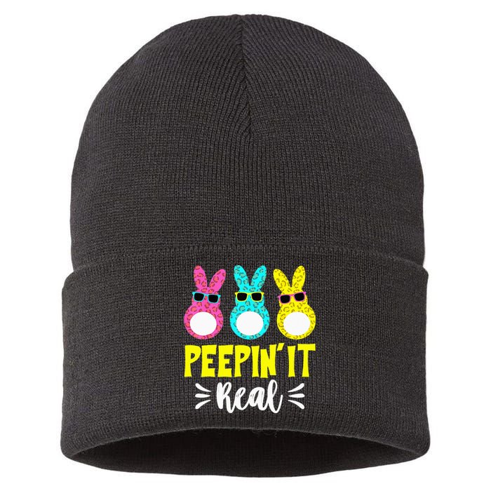 Funny Peepin It Real Happy Easter Bunny Egg Hunt Sustainable Knit Beanie