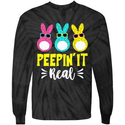 Funny Peepin It Real Happy Easter Bunny Egg Hunt Tie-Dye Long Sleeve Shirt