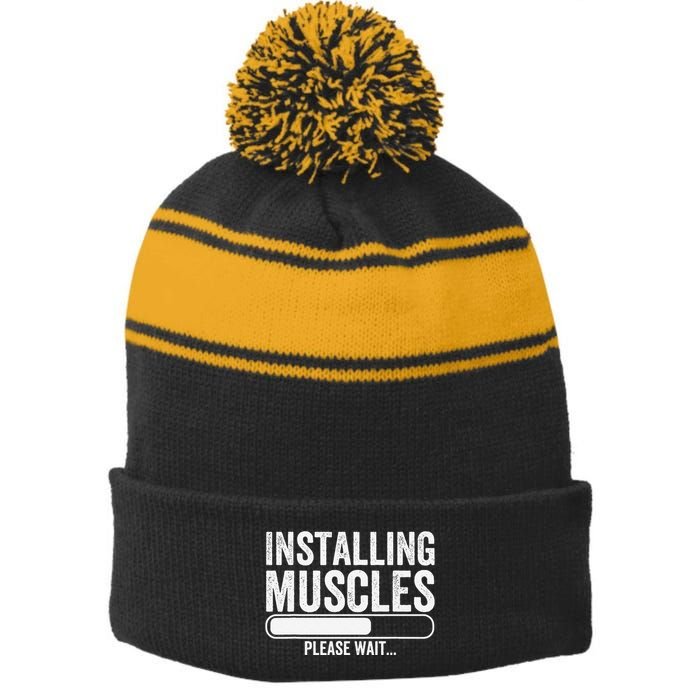 Funny Panda Installing Muscles Please Wait Gym Fitness Stripe Pom Pom Beanie