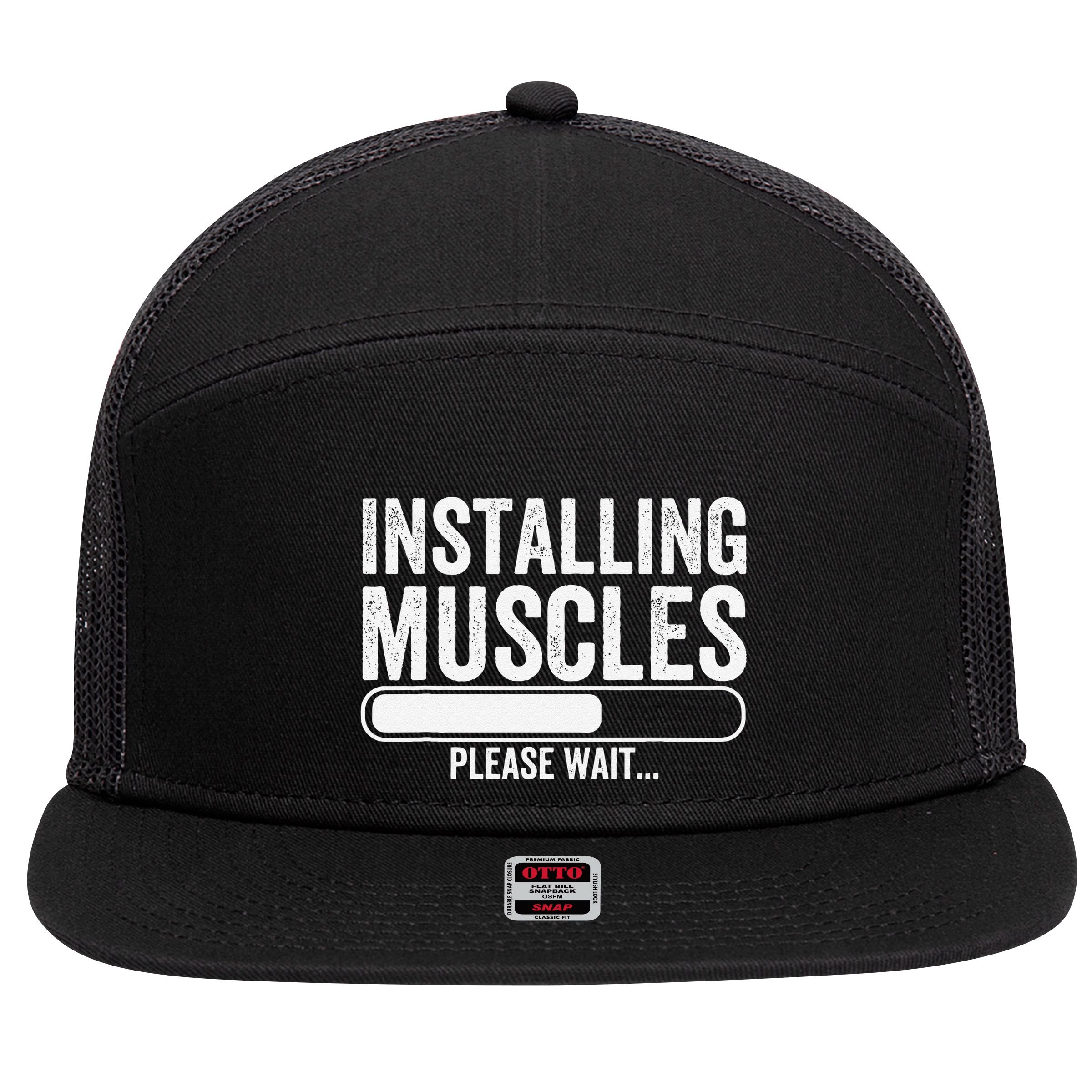 Funny Panda Installing Muscles Please Wait Gym Fitness 7 Panel Mesh Trucker Snapback Hat