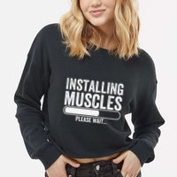 Funny Panda Installing Muscles Please Wait Gym Fitness Cropped Pullover Crew
