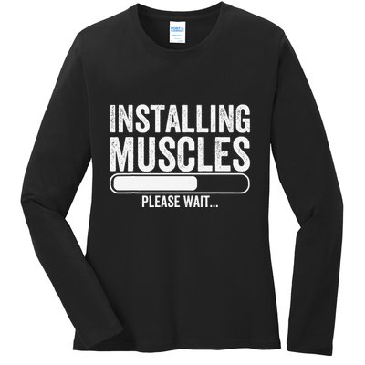 Funny Panda Installing Muscles Please Wait Gym Fitness Ladies Long Sleeve Shirt