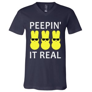 Funny Peepin It Real Happy Easter Bunny V-Neck T-Shirt