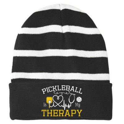 Funny Pickleball Is My Therapy Pickleball Player Humor Striped Beanie with Solid Band