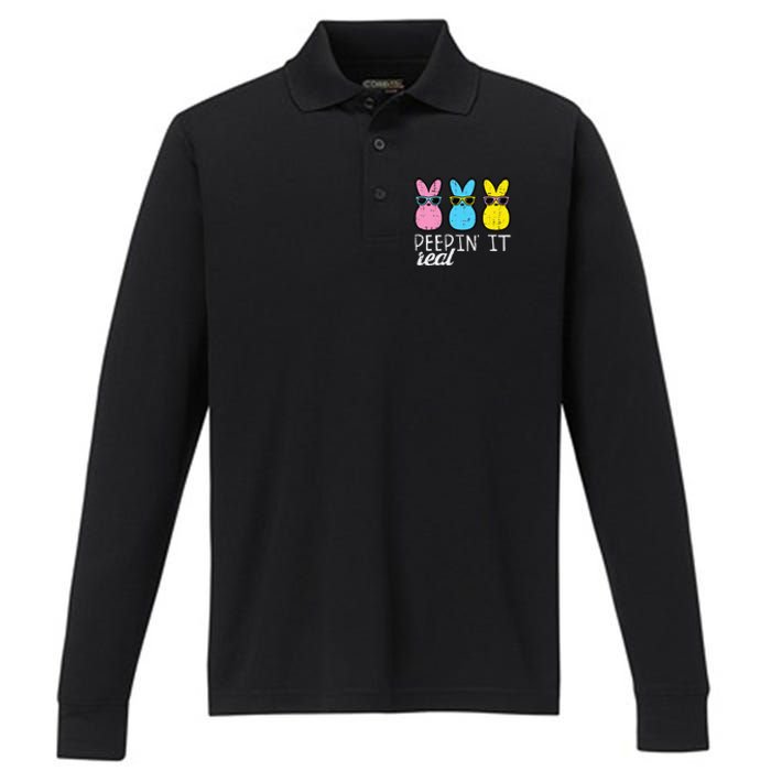 funny Peepin It Real Easter Bunnies Cool Performance Long Sleeve Polo