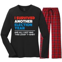 Funny Political I Survived Another 2024 Election President Women's Long Sleeve Flannel Pajama Set 