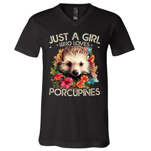 Floral Porcupine Just A Girl Who Loves Porcupines V-Neck T-Shirt